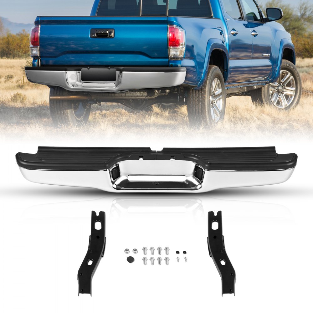 Pare-chocs arrière Toyota Tacoma VEVOR avec supports de montage et vis à côté du camion Toyota Tacoma bleu.