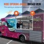 Vitrine de concession VEVOR sur un food truck rose avec un grand angle d'ouverture de 85°, coupe-vent, anti-pluie, anti-soleil.