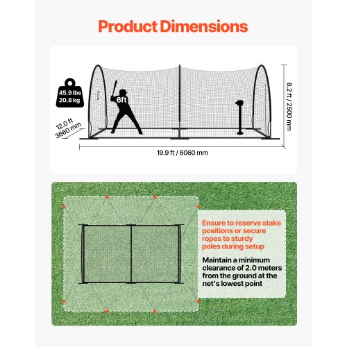 Cage De Frappeur VEVOR 6,06 X 3,66 X 2,5 M – Tunnel Baseball Softball, Filet PEHD 30 Plis, Cadre Acier, Sac De Transport Inclus