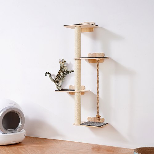 Corde à Grimper Et étagères Murales Pour Chat - 150 Cm, En Sisal Et Bois, Pour Jeu Et Repos - 11