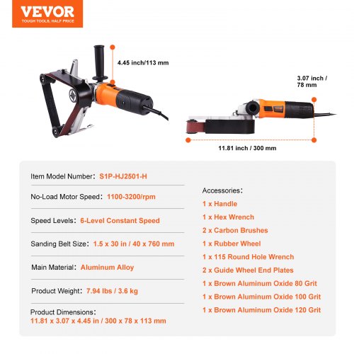 Ponceuse Électrique Teodute 7 Vitesses Avec 20 Bandes + 20 Feuilles Abrasives - Pour Métal, Bois Et Outils