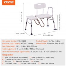 VEVOR Banc de Transfert Baignoire Siège de Douche Hauteur Réglable Charge 180 kg