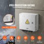 Coffret de combinaison solaire VEVOR avec indice de protection IP65, présentant une protection contre la pluie, une bande d'étanchéité et des icônes d'utilisation.