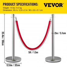 VEVOR Poteau de Guidage Barrière de Sécurité 2PCs avec Corde en Velours Rouge