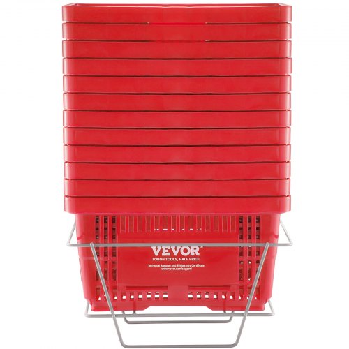 VEVOR Lot De 12 Paniers De Courses 24L Rouge - Paniers Plastique Durable Avec Poignées Noires Et Support, 425x295x225 Mm, Idéal Supermarchés Et Usage Familial