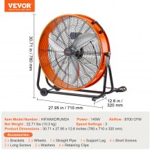 VEVOR Ventilateur à Tambour Industriel 0,6 m 8700 CFM 3 Vitesses pour Entrepôt