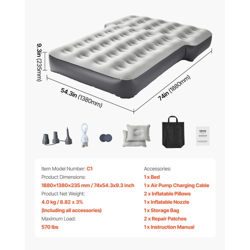 VEVOR Matelas Gonflable Pour Tesla Model Y – Lit De Camping 213x125x20 Cm – Pompe Intégrée, 2 Oreillers – Surface Floquée, PVC Résistant – Capacité 300 Kg – Beige