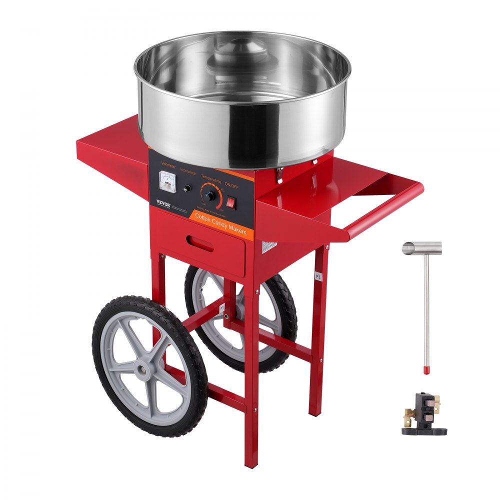 VEVOR Machine à barbe à papa électrique avec chariot, 1000 W appareil à sucre commercial avec bol en acier inox et cuillère à sucre, parfaite pour maison, anniversaire d'enfant, fête de famille, rouge