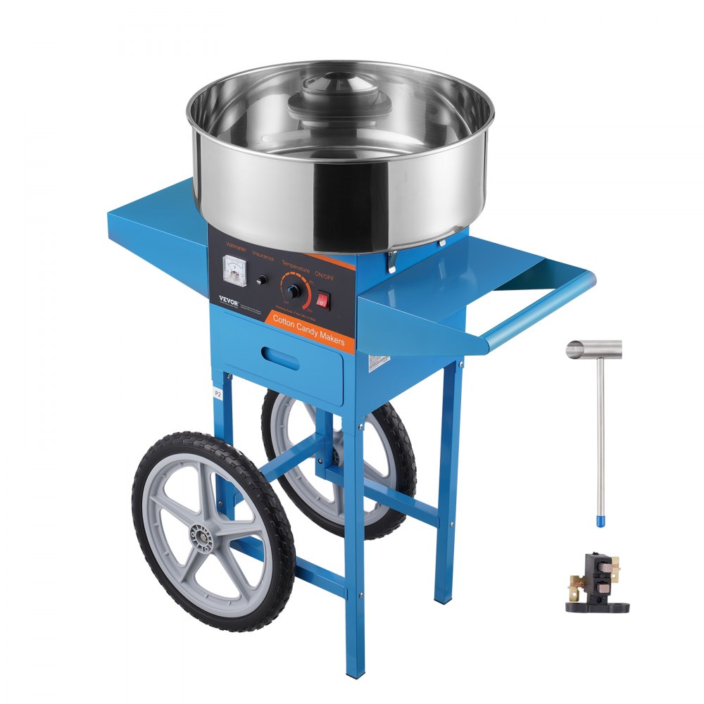 VEVOR Machine à barbe à papa électrique avec chariot, 1000 W, appareil à sucre commercial avec bol en acier inox et cuillère à sucre, parfaite pour maison, anniversaire d'enfant, fête de famille, bleu