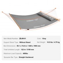 VEVOR Hamac double en tissu matelassé, capacité charge 217 kg, hamac double avec barres d'écartement en bois dur pour 2 personnes avec oreiller amovible et chaînes pour extérieur, patio, plage, gris