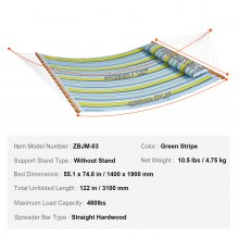 VEVOR Hamac double en tissu matelassé, capacité 217 kg, hamac double 3,7 m barres d'écartement bois dur pour 2 personnes et oreiller amovible chaînes pour camping extérieur, patio, plage, rayure verte