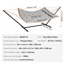 VEVOR Hamac pour deux personnes avec support, capacité 217 kg, hamac double avec barre d'écartement incurvée, oreiller amovible, sac de transport portable, hamac autoportant pour extérieur, gris blanc