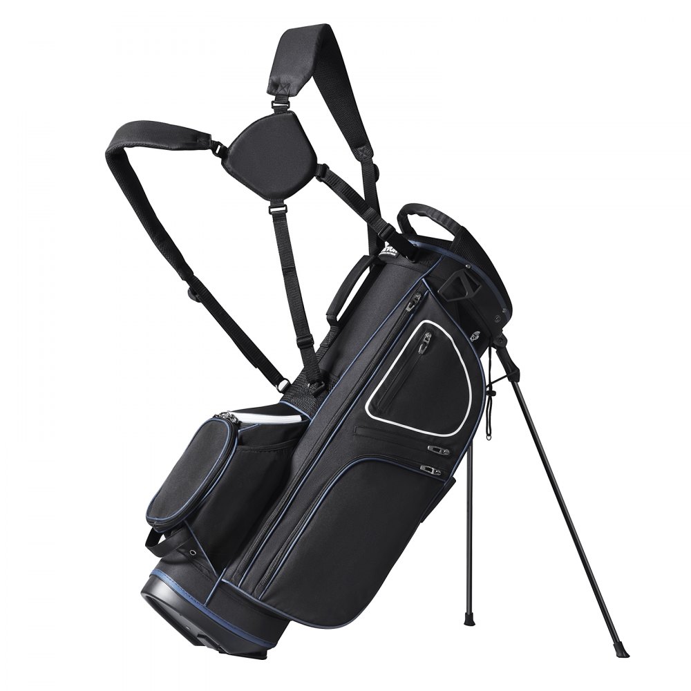 Sac de chariot de golf VEVOR avec bretelles rembourrées, plusieurs fermetures à glissière, poches latérales et support.