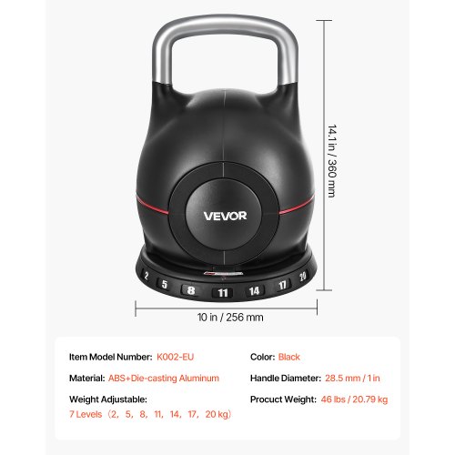 Kettlebell Ajustable VEVOR - 7 Niveaux De Poids (2 à 20 Kg) - Noir - ABS Et Aluminium - Neuf