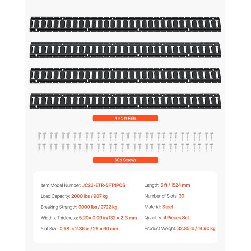 Rails E-Track Revêtus Poudre Pour Remorque - Lot De 4 Rails De 1524 Mm - Charge 2000 Lbs
