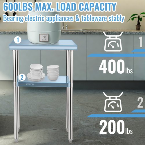 Table Travail Inox VEVOR 61x152cm - Charge 381kg - Hauteur Réglable - Pour Cuisine Pro