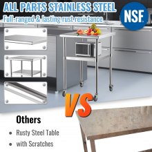 VEVOR Table de Travail Inox 61x61x91,4 cm Table de Préparation Inox 2 Niveaux Charge 272,4 kg Table de Cuisine Inox avec 4 Roues Étagère Réglable en Hauteur Rangement Aliments Restaurant Bar Garage