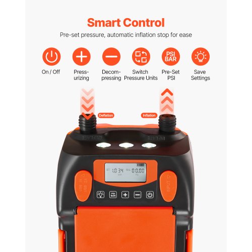 Pompe électrique VEVOR 20 Psi Pour SUP – Sans Fil, Batterie 6000 MAh, Arrêt Auto, LED, Gonflage/dégonflage 2 Vitesses, 7 Buses Incluses