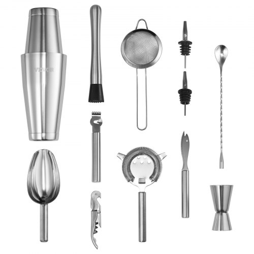 VEVOR Ensemble Shaker à Cocktail, 13 pcs, Accessoire pour Barman Boston en Acier INOX avec Support en Bambou, cuillère à mélanger, doseur, passoire, verseur, cuillère à Glace, zesteur de Citron, Noir