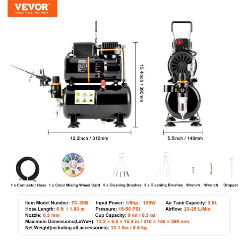 Kit Aérographe Pro VEVOR - Compresseur 3,5L, Pistolet 0,3mm - Pour Nail Art, Maquillage, Modélisme