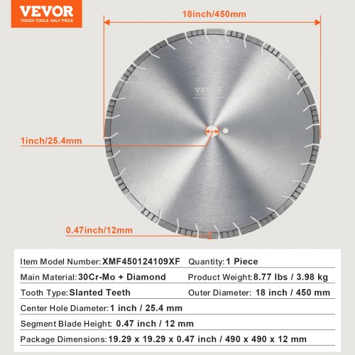 VEVOR Disque à Tronçonner Diamanté 450 Mm - Lame Scie Béton Carrelage Brique, Dents Inclinées 12 Mm