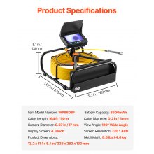 VEVOR Caméra d'Inspection Canalisation d'Égout 50 m Écran 4,3" 6 LED Réglables