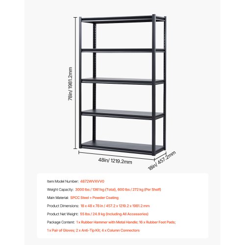 VEVOR Étagère Garage 1361 Kg - Rayonnage Métallique 5 Niveaux Réglable 457x1219x1981 Mm Noir