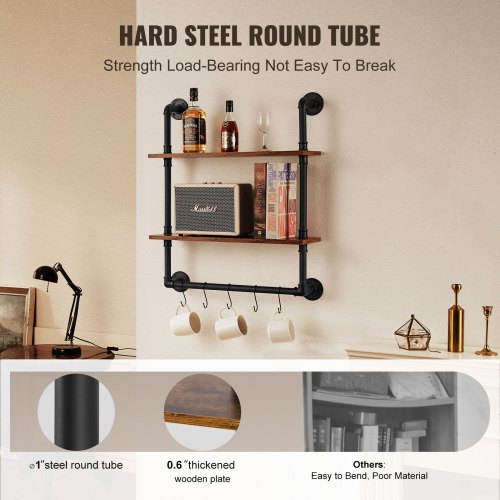 Étagère Murale Tuyau Industrielle SucceBuy, 124,5x26 cm, 2 Niveaux, Support de Rangement Mural en Bois