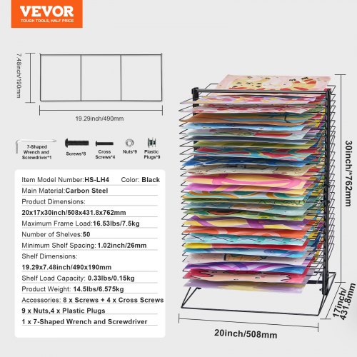 Sèche-Dessins VEVOR 50 Étagères Amovibles - Support Séchage Œuvres D'Art 76x43x51cm - Acier Carbone Noir
