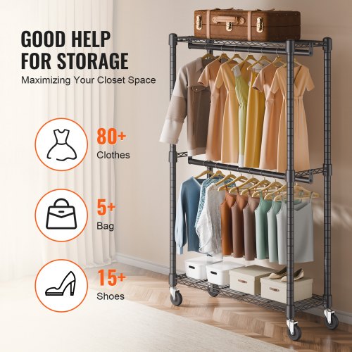 Portant à Vêtements Sur Roulettes Yorbay - 2 Tringles, 2 Étagères, 4 Crochets - Métal Robuste Charge 120 Kg - Mobile Pour Chambre, Dressing