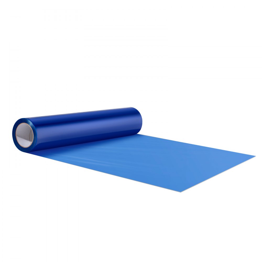 rouleau bleu de film de protection de tapis VEVOR partiellement déroulé sur fond blanc.