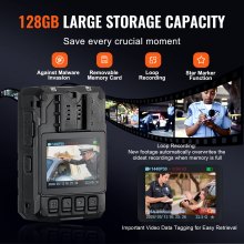 VEVOR 1440P Caméra-Piéton pour Police 128G Batterie 3500 mAh Vision Nocturne GPS