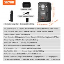 VEVOR 1440P Caméra-Piéton pour Police 128G Batterie 3500 mAh Vision Nocturne GPS