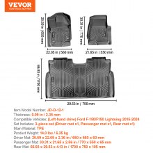 VEVOR Tapis de Sol pour Voiture 3PC TPE pour Ford F-150/F150 Lightning 2015-2024