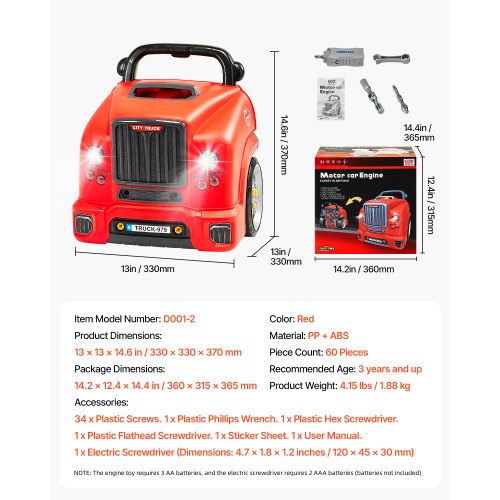 VEVOR Juguete de Motor, 60 PCS Juego de Reparación de Coches de Niños con Piezas Desmontables, Luces y Sonidos, Volante y Bocina, Juego de Taller Mecánico para Niños de 3 Años en Adelante, Verde
