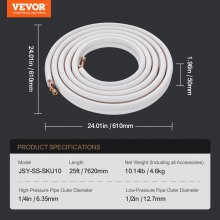 VEVOR Tube cuivre climatiseur lignes divisées câble connexion 7,6m 6,4mm 12,7mm