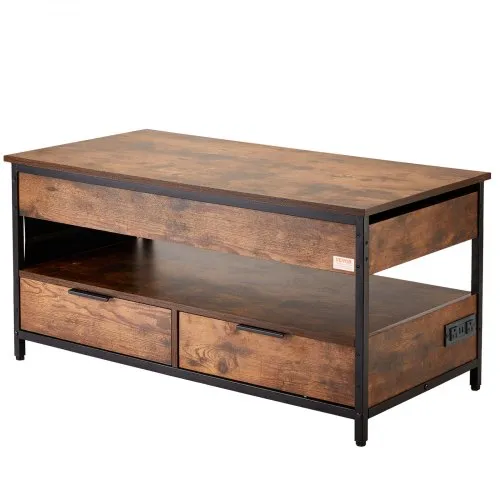 Table Basse Relevable VEVOR Style Ferme – Plateau Relevable Hydraulique, Rangements Cachés, Porte Coulissante Grange – Blanc Et Marron Rustique (100 X 50 X 48,5 Cm)
