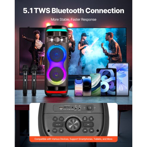 Enceinte Karaoké,Haut-Parleur Portable Bluetooth À Double Woofer Avec 2