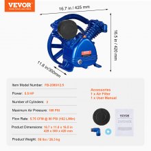 VEVOR Tête de Pompe de Compresseur Air Piston 5,5 CV Débit 162 L/min 2 Cylindres