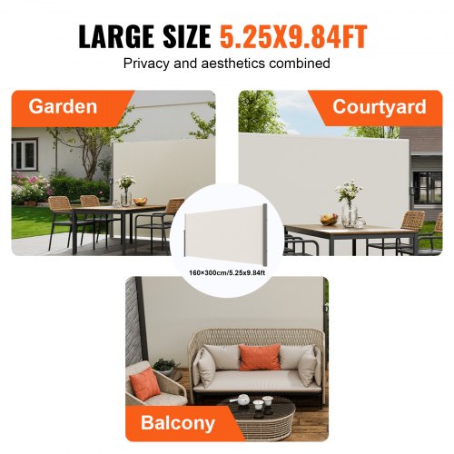 VEVOR Auvent Latéral Rétractable 160x300 Cm Beige - Paravent Extérieur Imperméable, Brise-Vue UV30+, Parfait Pour Balcon, Terrasse Et Jardin