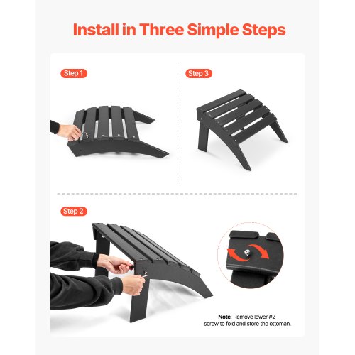 VEVOR Repose-Pieds Pliable Adirondack En HDPE - 475x500x330 Mm - Résistant Intempéries, Noir - Idéal Patio, Jardin, Piscine