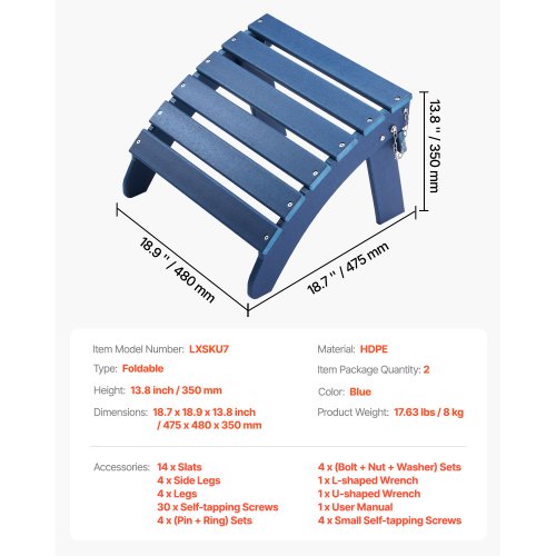 VEVOR Lot De 2 Repose-Pieds Pliable Adirondack - 475x480x350 Mm, PEHD Résistant, Bleu