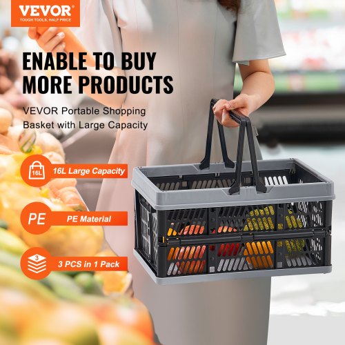 VEVOR Panier de courses pliable, lot de 3, panier à provision en plastique 16 L, avec poignée, 380x255x195 mm, panier de rangement fruits légumes portable pour magasin de détail, supermarché, épicerie VEVOR Panier de courses pliable, lot de 3, panier à provision en plastique 16 L, avec poignée, 380x255x195 mm, panier de rangement fruits légumes portable pour magasin de détail, supermarché, épicerie