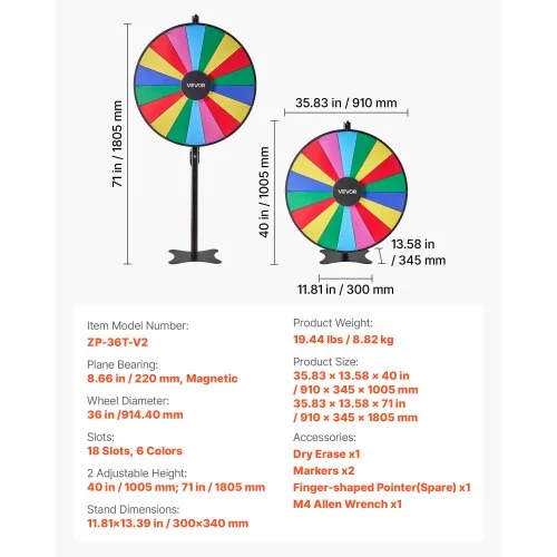 Roue De Loterie VEVOR 36 Pouces – 18 Emplacements, Support Réglable, Pour Jeux & Tirages Au Sort