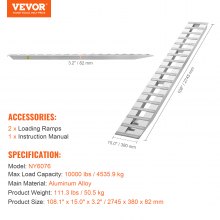 VEVOR Rampe de Chargement en Aluminium 2PCs 274,5x38 cm Capacité de 4535,9 kg