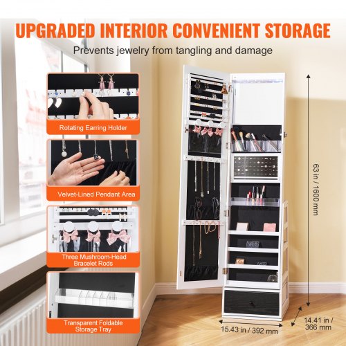 Lvifur LED Armoire à Bijoux,Rangement Bijoux pivotante à 360°,Organisateur de Bijoux sur Pieds avec,Lampadaire à intensité variable 3 couleurs Armoire à Bijoux,Miroir coulissant,Marron