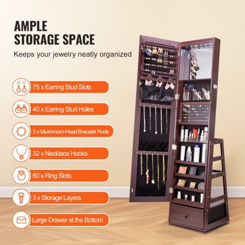Armoire à Bijoux Avec Miroir Pivotant 360° Et LED - Rangement Verrouillable à 3 Niveaux - Surface Brune, Intérieur Velours Noir - Meuble Dressing Et Salle De Bain