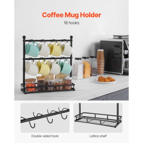 VEVOR Porte-tasses à café pour comptoir, 16 crochets avec base de rangement, 2 niveaux en acier au carbone, pour rangement et présentation de tasses à café à la maison (noir mat