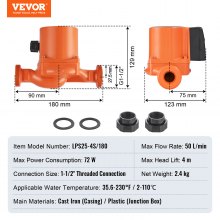 VEVOR Pompe de circulation d'eau chaude à 3 vitesses LPS25-4S-180 50 L/min 72 W