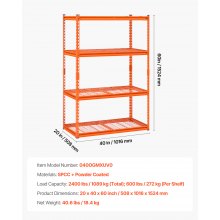 VEVOR Étagère de Rangement Garage Robuste Réglable 4 Niveaux 1089 kg Orange